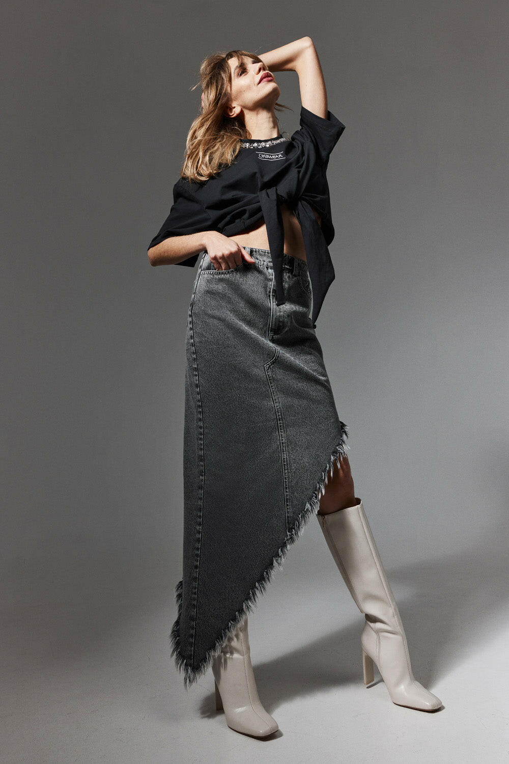 Asymmetric Frayed Denim Skirt