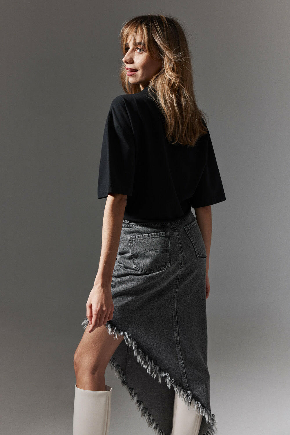 Asymmetric Frayed Denim Skirt