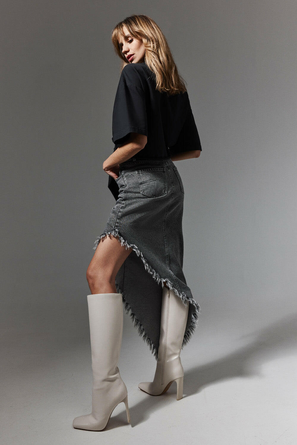 Asymmetric Frayed Denim Skirt OKSWEAR